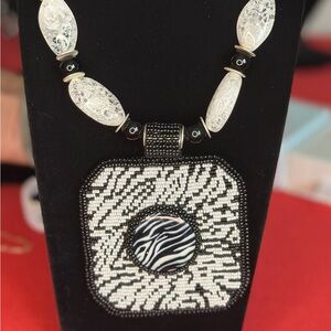 Monochrome Black and White Beaded Necklace with Zebra Pendant
